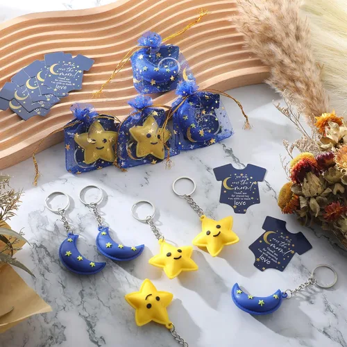 Miniatura 5 de Huquary 150 piezas de regalos de fiesta de baby shower, luna estrella, llaveros Twinkle Twinkle Little Star Baby Shower Favor, tarjetas