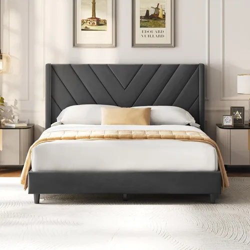 Miniatura 3 de Yaheetech Base de cama tamaño Queen con plataforma tapizada con lados en forma de ala/soporte de listones de madera/cabecera copetada con lado