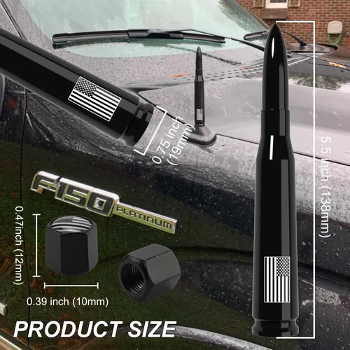 Miniatura 2 de Antena de camión para automóvil con tapas de válvula de neumáticos, bandera estadounidense, repuesto corto universal para GMC Sierra, Chevy, Negro