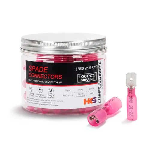 Miniatura 25 de HKS 100 conectores de pala hembra rojo 22-16 AWG – Kit de conectores de cable de desconexión rápida eléctricos termorretráctiles – cobre rojo