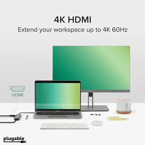 Miniatura 3 de Plugable Adaptador multipuerto USB C 7 en 1 sin controlador con Ethernet, HDMI 4K60Hz, carga de paso de 100 W, 2 USB 3.0, SD/microSD, para USB-C