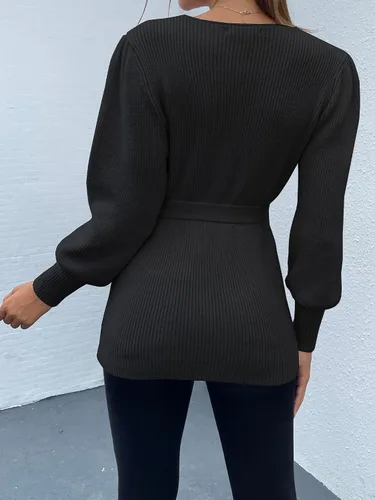 Miniatura 4 de KIRUNDO - Suéter de punto acanalado para mujer, cuello en V, para otoño 2020, jersey de punto con lazo