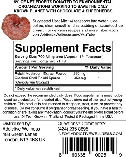 Miniatura 2 de Addictive Wellness Polvo de extracto de hongos Reishi + esporas (mezcla 50/50) cultivado en madera, puro y potente Ganoderma silvestre 50 g (1.76 oz)