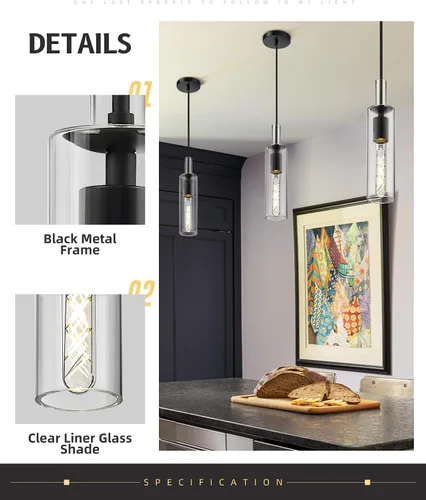 Miniatura 2 de AUTELO Lámparas Colgantes Modernas, Lámpara Colgante de Vidrio de 1 Luz, Luminarias Colgantes Industriales en Acabado de Metal Negro con Vidrio