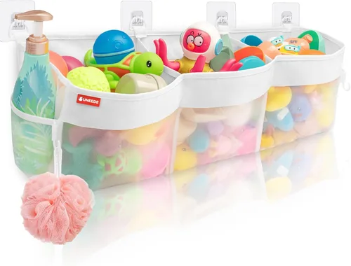 UNEEDE Organizador horizontal de juguetes de baño de 3 compartimentos para bañera, capacidad extra grande de 4.95 galones, soporte de almacenamiento