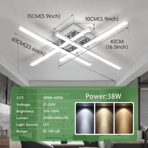 Miniatura 4 de CANEOE Moderna lámpara de techo LED de 38W regulable, lámpara de techo de montaje empotrado con control remoto, color plateado, cerca de la lámpara