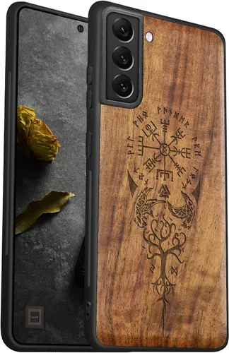 Miniatura 8 de Carveit Funda para Galaxy S22 Ultra de madera compatible con S22 Ultra Viking Compass Vegvisir-Rosy Madera real dura, TPU suave, funda protectora