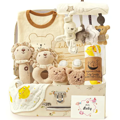 Golray 9 piezas Cestas de Regalo para Bebés Recién Nacidos para Niños y Niñas Baby Shower, 2 Sonajeros/Juguete Colgante de