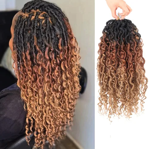 Miniatura 49 de Cabello de Crochet de 8 Pulgadas para Mujeres Negras, 7 Paquetes de Cabello de Crochet Goddess Locs con Puntas Rizadas, Locs Falsos Cortos con Bucle