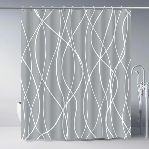 Miniatura 14 de Juego de cortinas de ducha azul egeo para baño con ganchos, cortinas de baño decorativas repelentes al agua y lavables con rayas blancas, 72 x 72