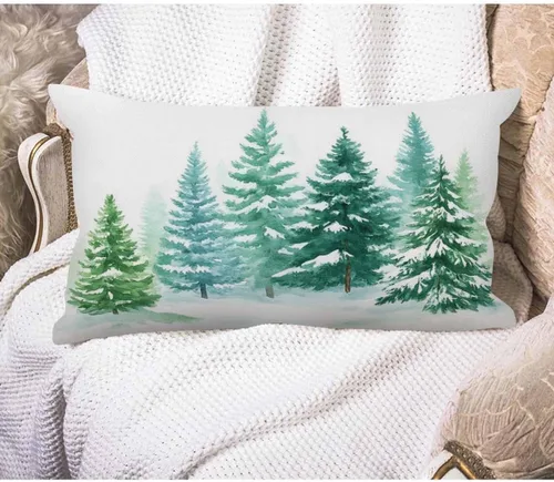EKOBLA Funda de almohada decorativa con pintura de acuarela, fundas de almohada de coníferas, bosque, invierno, nieve, paisaje, cintura verde,