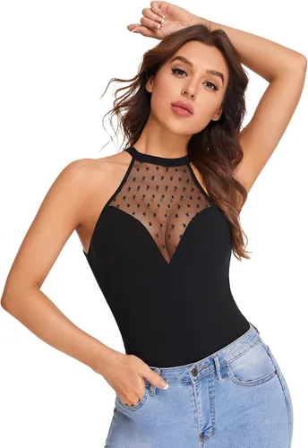 Miniatura 4 de Verdusa Top halter ajustado sin mangas de malla transparente de contraste para mujer