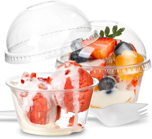 Fit Meal Prep [Paquete de 50] Vasos de postre de plástico transparente de 5 onzas con tapas de cúpula y tenedores, tazas de parfait desechables con