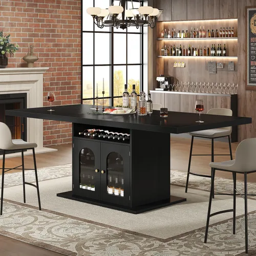 Miniatura 7 de HSH Mesa de comedor negra para 4 a 6, moderna mesa de comedor de cocina con estante de almacenamiento de 3 niveles y gabinete de puerta acrílico