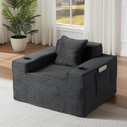 Miniatura 8 de Sofá sin hueso de 66.5 pulgadas con portavasos y bolsillos laterales, sofá biplaza tapizado de tela de pana moderna con 2 almohadas para sala