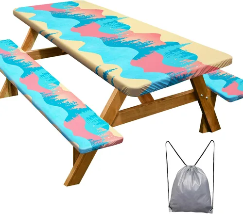 Miniatura 10 de Mantel de mesa de picnic con fundas de banco de 6 pies, 3 piezas, impermeable, resistente al viento, mantel de camping estético con bolsa