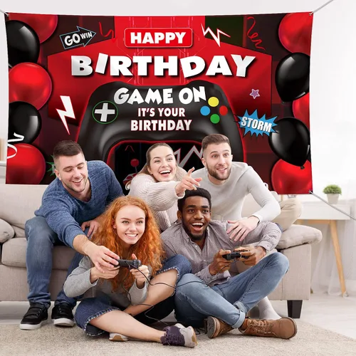 Miniatura 5 de Sumind Telón de fondo de videojuegos de feliz cumpleaños, decoración de fiesta de videojuegos, telón de fondo de cumpleaños para niños, fondo