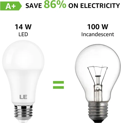 Miniatura 6 de LE - Bombillas LED equivalentes a 100 W, 14 W, 1500 lúmenes, 2700 K, luz blanca cálida, no regulable, base estándar A19 E26, vida útil de 10000