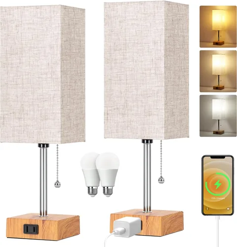 Juego de 2 lámparas de mesa para dormitorio, lámparas de noche de 3 colores con cadena de tracción, lámparas de mesa para mesita de noche con tomas