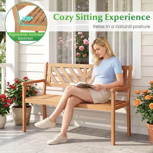 Miniatura 7 de Tangkula Banco de dos plazas de madera de acacia para exteriores, banco de jardín para 2 personas con reposabrazos y respaldo, muebles de madera