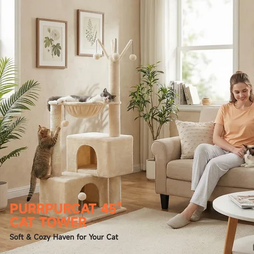 Miniatura 8 de Árbol para gatos de 45 pulgadas para gatos de interior, torre compacta para gatos con 2 condominios, cama hamaca y 5 juguetes de bola colgantes