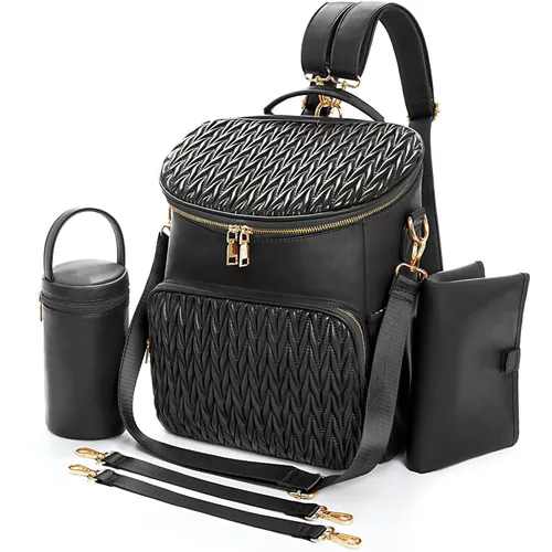 Miniatura 9 de Mochila para pañales, mochilas de cuero de moda para mamá, bolsas de pañales para bebés pequeños con organizador en bolsa y cambiador, Negro, M
