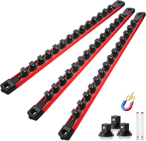 Miniatura 17 de Reniteco Juego de organizador de enchufes magnéticos, 3 piezas de 1/2 pulgada 3/8 pulgadas 1/4 pulgadas de aleación de aluminio con 40 clips Negro