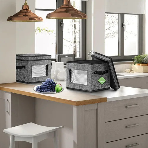 Miniatura 2 de homyfort Contenedores de almacenamiento de China con tapa y asas, caja de almacenamiento de vajilla para platos con 12 separadores de fieltro