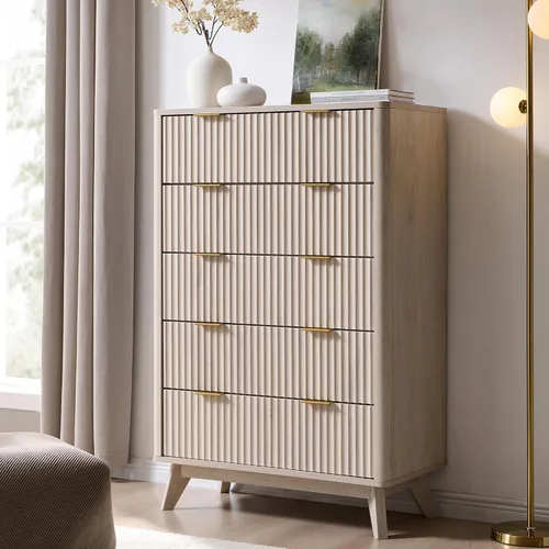 Miniatura 22 de T4TREAM Cómoda acanalada de 3 cajones, cómoda moderna de 32 pulgadas de alto, diseño de perfil curvo, organizador de cajones de madera para Aliso