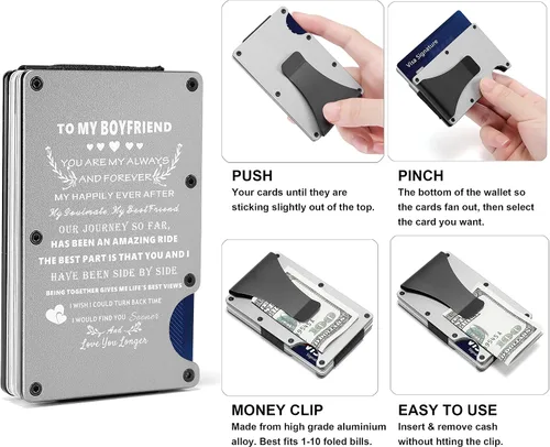 Miniatura 2 de Regalo personalizado para hombres Cartera de metal grabada personalizada para papá, hijo, marido, novio, tarjetero minimalista de aluminio
