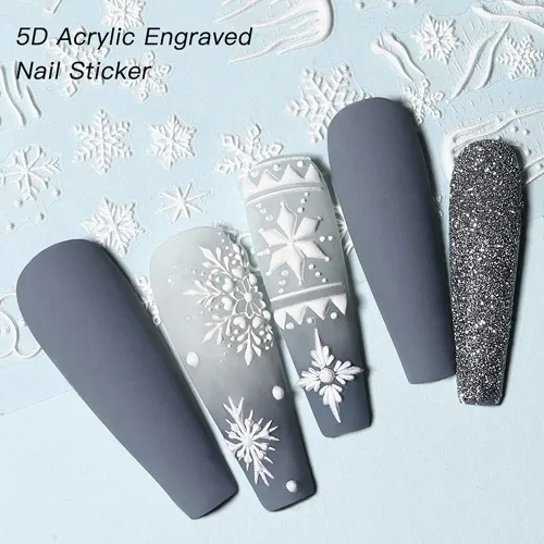 Miniatura 2 de Calcomanías de arte de uñas de copo de nieve, 5D en relieve, Navidad, blanco, 4 hojas (copos de nieve A)