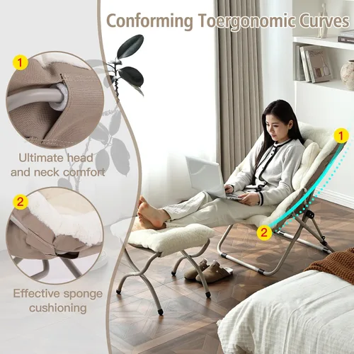 Miniatura 7 de Welnow Cómoda silla platillo con otomana, silla de lectura plegable de gran tamaño para adultos con almohada, silla de salón de piel sintética suave