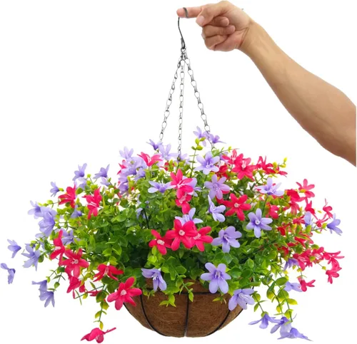 Miniatura 12 de Cesta colgante de cadena grande de 12 pulgadas para el hogar, boda, fiesta, porche, jardín, cadena colgante, magnolias artificiales de seda (rojo)