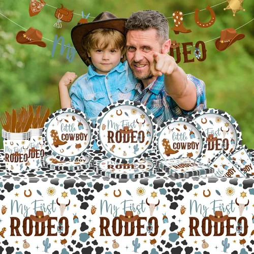 Miniatura 5 de Suministros de fiesta de cumpleaños de mi primer rodeo para niño - 142 piezas, vajilla occidental de vaquero para fiesta del 1er rodeo, decoración
