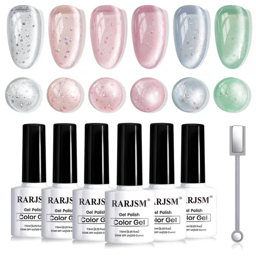 Miniatura 27 de RARJSM Juego de Esmaltes de Gel Nude Colección Jelly Pink de 6 Colores Naturales Transparentes Rosa Translúcido Lechoso Malva Morado Marrón Claro
