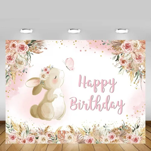 Miniatura 5 de MEHOFOND Telón de fondo floral de cumpleaños para niñas, acuarela, bohemio, flores, conejo, día de Pascua, fotografía de fondo, pancarta de feliz