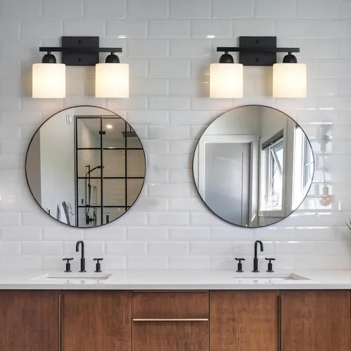 Miniatura 2 de Mecgirn Luces de tocador de vidrio esmerilado para baño, 2 luminarias de baño negro mate sobre espejo, portalámparas E26 de cerámica montados