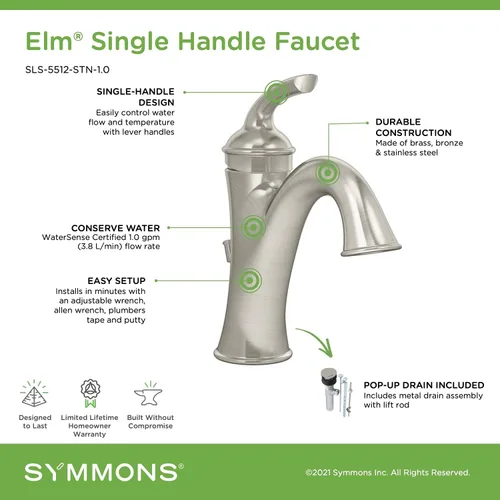 Miniatura 4 de Symmons SLS-5512-1.0 Olm Grifo de baño de una sola manija con montaje de drenaje en cromo pulido (1.0 GPM)