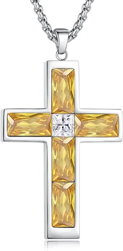 Miniatura 19 de Collar de cruz con piedra de nacimiento para hombre, collar de cruz de acero inoxidable 316L con colgante de cruz de circonia cúbica para mujer