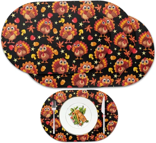 Miniatura 60 de Non Slip Placemats Set of 6 Pumpkin Mushroom Theme Waterproof Wipeable Faux Leather for Thanksgiving Family Feast Heat Resistant Dining Table Mats