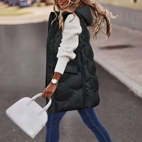 Miniatura 2 de Chaleco con capucha para mujer, versión larga, acolchado, con relleno de plumón sintético, adecuado para otoño e invierno, chalecos de talla grande