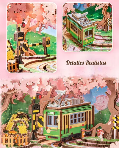 Miniatura 4 de Rolife Rompecabezas de madera 3D para adultos Kit DIY de rincón de libro de 16" Caja de música de flor de cerezo japonés Juguete conjunto