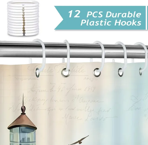 Miniatura 3 de Cortina de Ducha Bonhause Lighthouse, Decoración de Baño Náutica Costera con Velero y Brújula, 72 x 72 Pulgadas, Tela de Poliéster Impermeable
