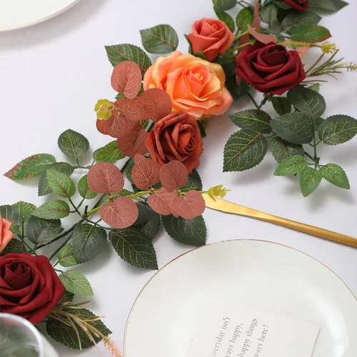 Miniatura 6 de Senseya Guirnalda de flores de rosas artificiales de 5 pies, vid floral falsa de terracota con hojas de rosa, guirnalda de flores rústicas