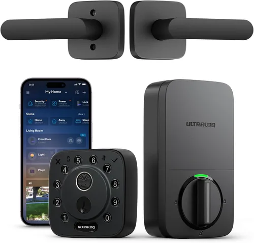 ULTRALOQ Bolt - Cerradura inteligente de huellas dactilares con asa, juego de cerradura de puerta de entrada sin llave 7 en 1, cerrojo de seguridad