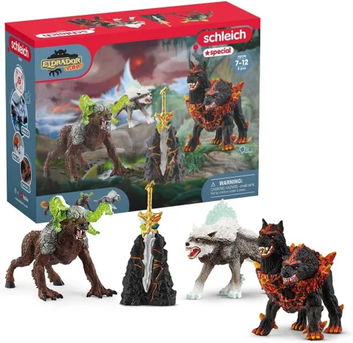 Schleich Eldrador Creatures - Juego de 5 criaturas de fantasía - Lobo de hielo, sabueso de lava, bestia de roca y espada - Figuras de monstruos de