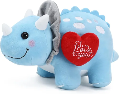 Syhood Dinosaurio de peluche Love You de 12 pulgadas con corazón rojo, lindos animales de peluche para novia, juguetes de peluche de dinosaurio azul