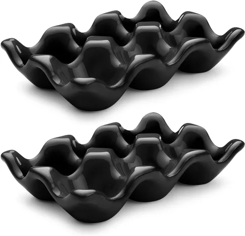 Miniatura 33 de Flexzion Organizador de huevos cerámico para nevera - Bandeja de huevos de 6 tazas, contenedor de porcelana para media docena, organizador de Gris