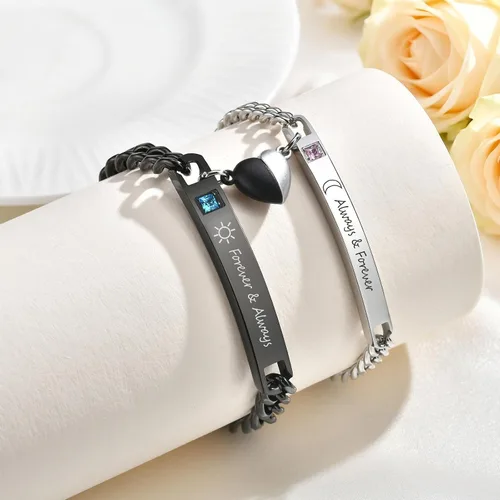 Miniatura 3 de MEALGUET Pulseras a juego para parejas para hombres y mujeres: juego de pulseras de cadena de eslabones cubanos de acero inoxidable para novio