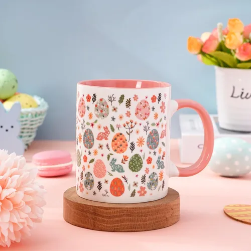 Miniatura 4 de JarThenaAMCS Taza de té de cerámica con diseño de conejo y huevo de Pascua, taza de café rosa para fiesta de primavera, hogar, escuela, oficina